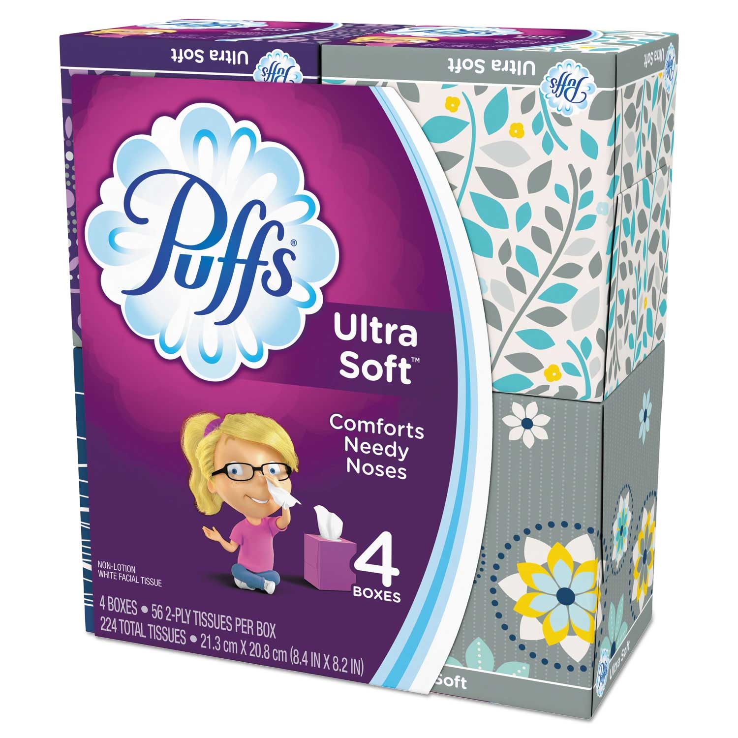 Puffs Ultra Soft White 2 Ply Facial Tissue, 8.2 x 8.4 inch - 56 per box -- 4 boxes per case