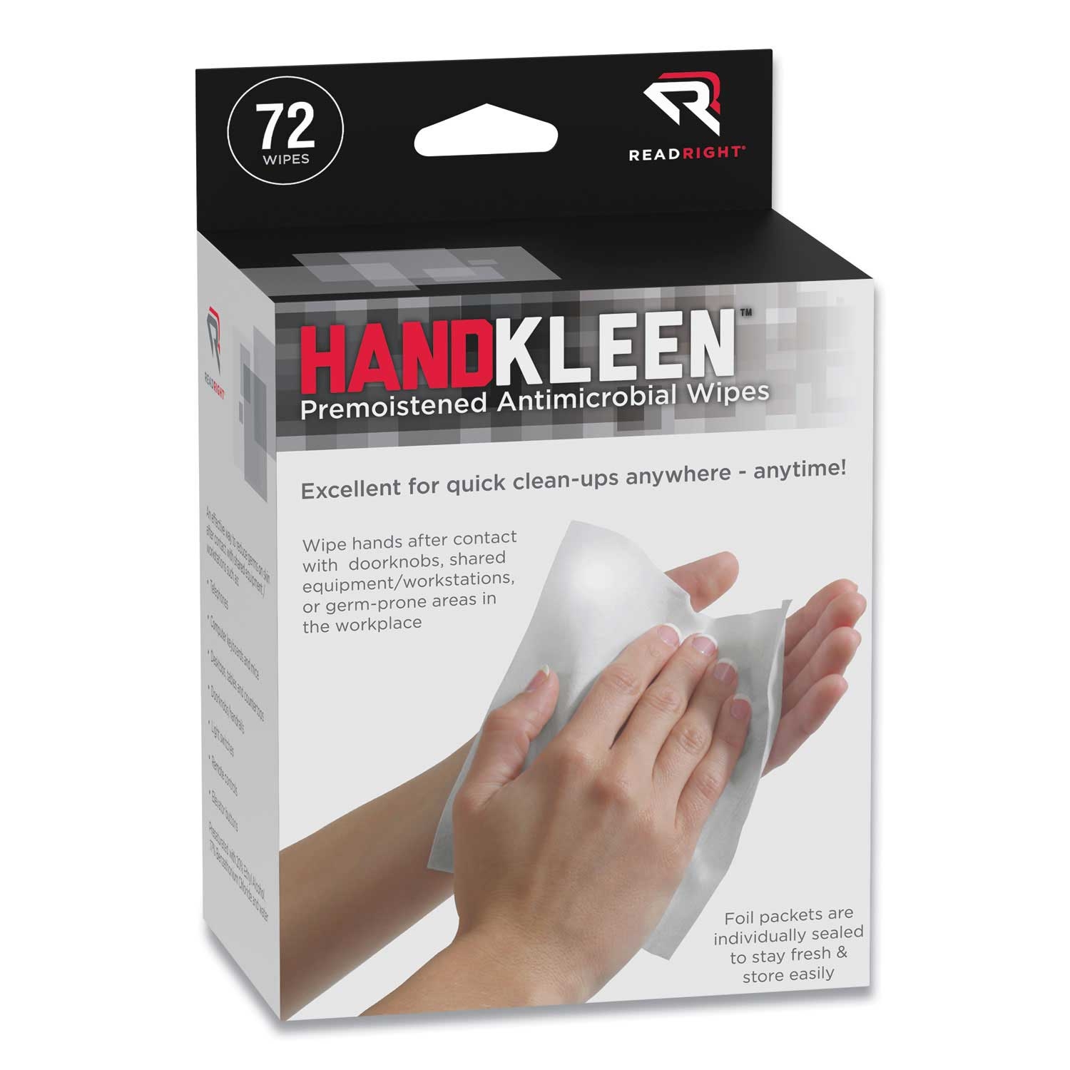 Read Right Handkleen Premoistened Antibacterial Wipes, 7 x 5 inch - 72 per box -- 1 box