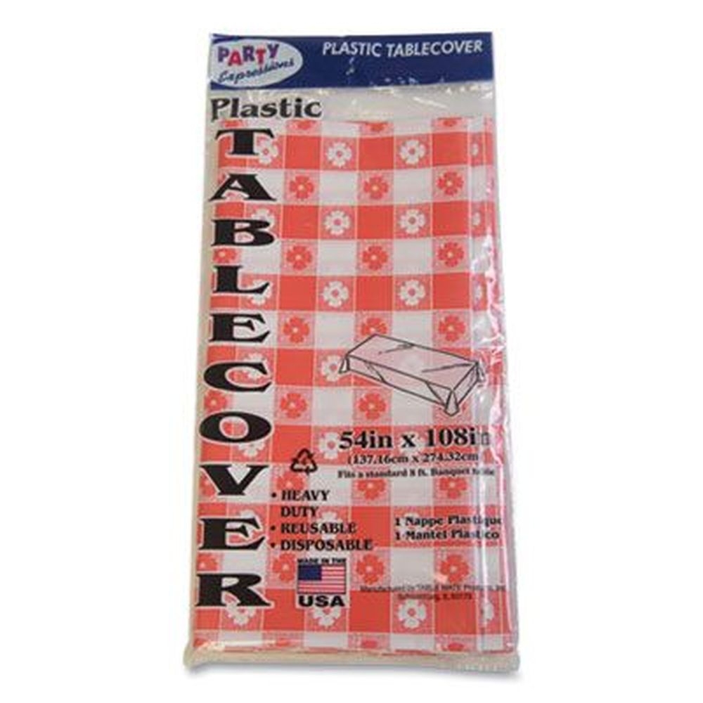 Tablemate Red/White Heavyweight Plastic Table Set Plaid Rectangular Table Cover, 54 x 108 inch -- 6 per pack