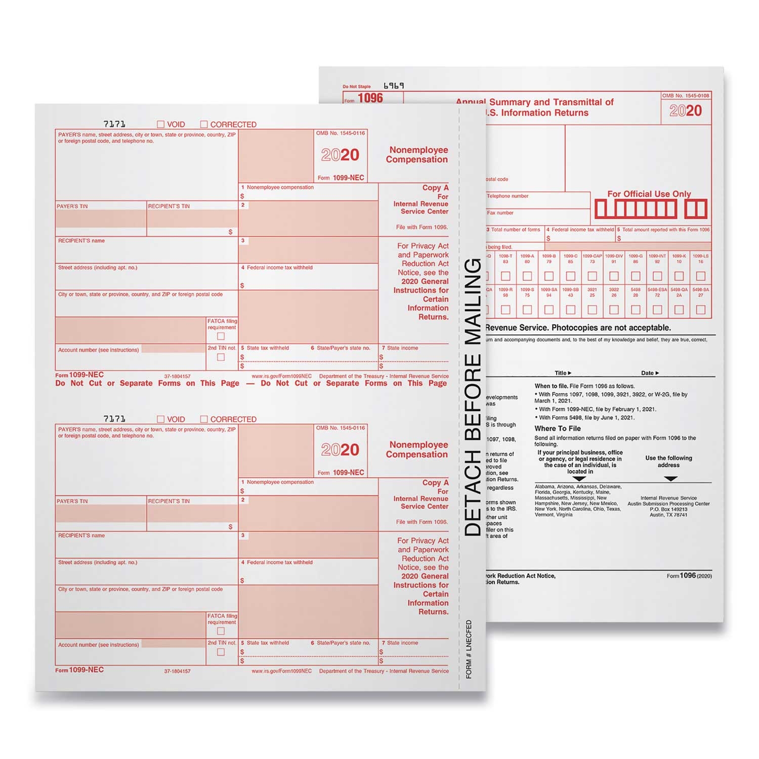 Tops Five Part 1099 NEC Tax Form, 8.5 x 11 inch - 50 per pack -- 1 pack