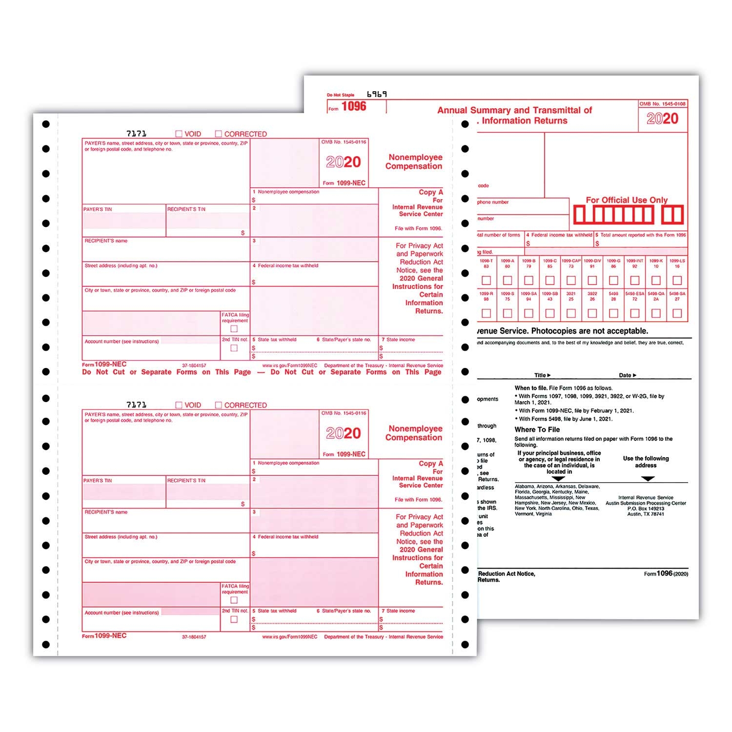 Tops Four Part 1099 NEC Continuous Tax Form, 8.5 x 11 inch - 24 per pack -- 1 pack
