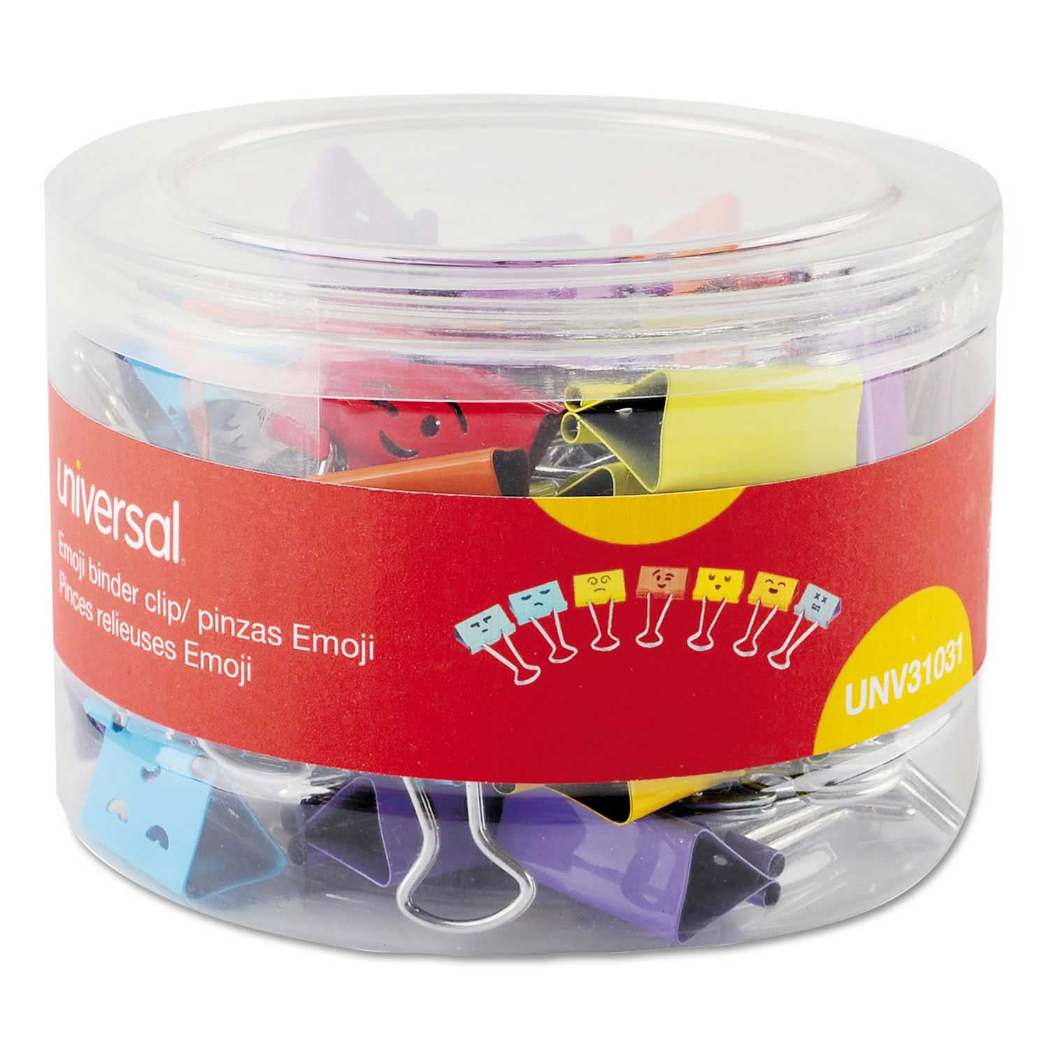 Universal Assorted Colors Medium Emoji Themed Binder Clips in Dispenser Tub, 0.63 x 1 inch - 42 count per pack -- 1 pack per case