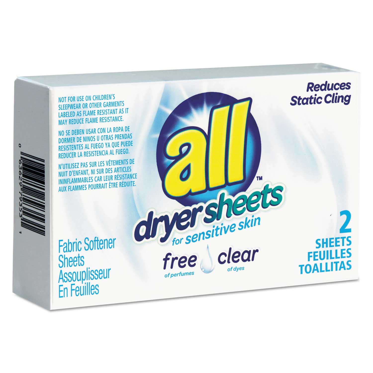 All Fragrance Free Clear Vend Pack Dryer Sheet - 2 count per pack -- 100 packs per case