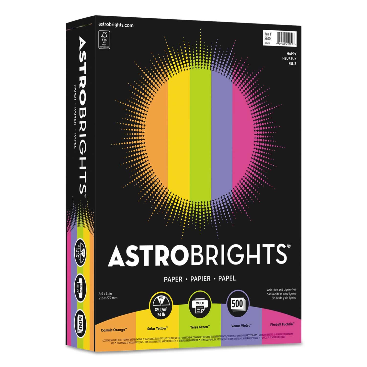Astrobrights Assorted Happy Color Paper, 8.5 x 11 inch - 500 per reem -- 1 reem per case