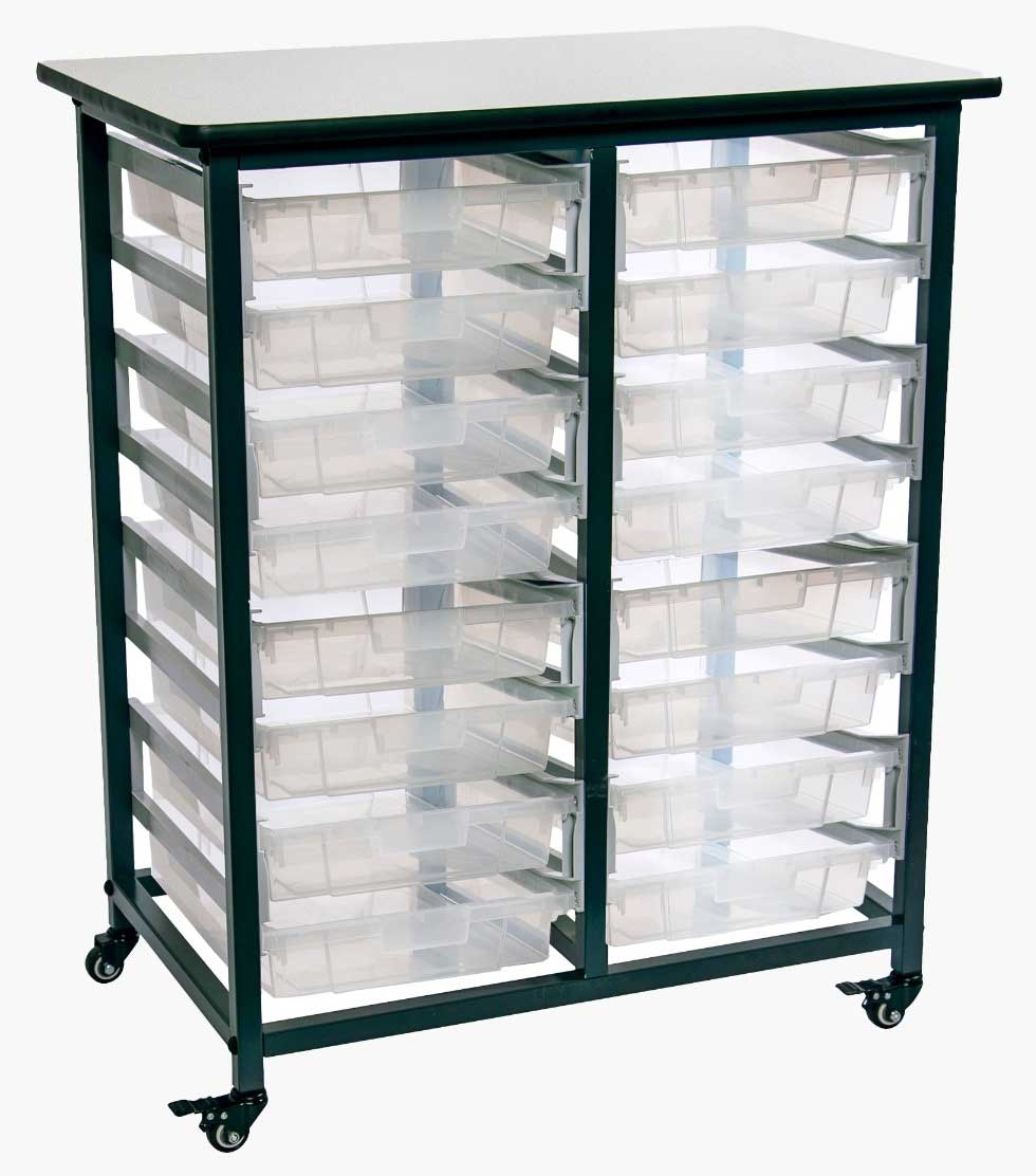 Luxor Gray Double Row Mobile Bin Storage Unit with Small Clear Bins, 30.75 x 20 x 37.5 inch Height