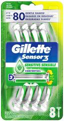 Gillette Sensor 3 Base Sensitive/Sensible Disposable Razor, 8 count per pack -- 12 per case.