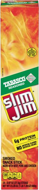 Slim Jim Giant Tabasco Snack Stick - 24 count per box -- 6 boxes per case