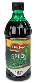 Durkee Green Food Color, 6 Bottles Per Case, 16 Ounces Per Bottle.
