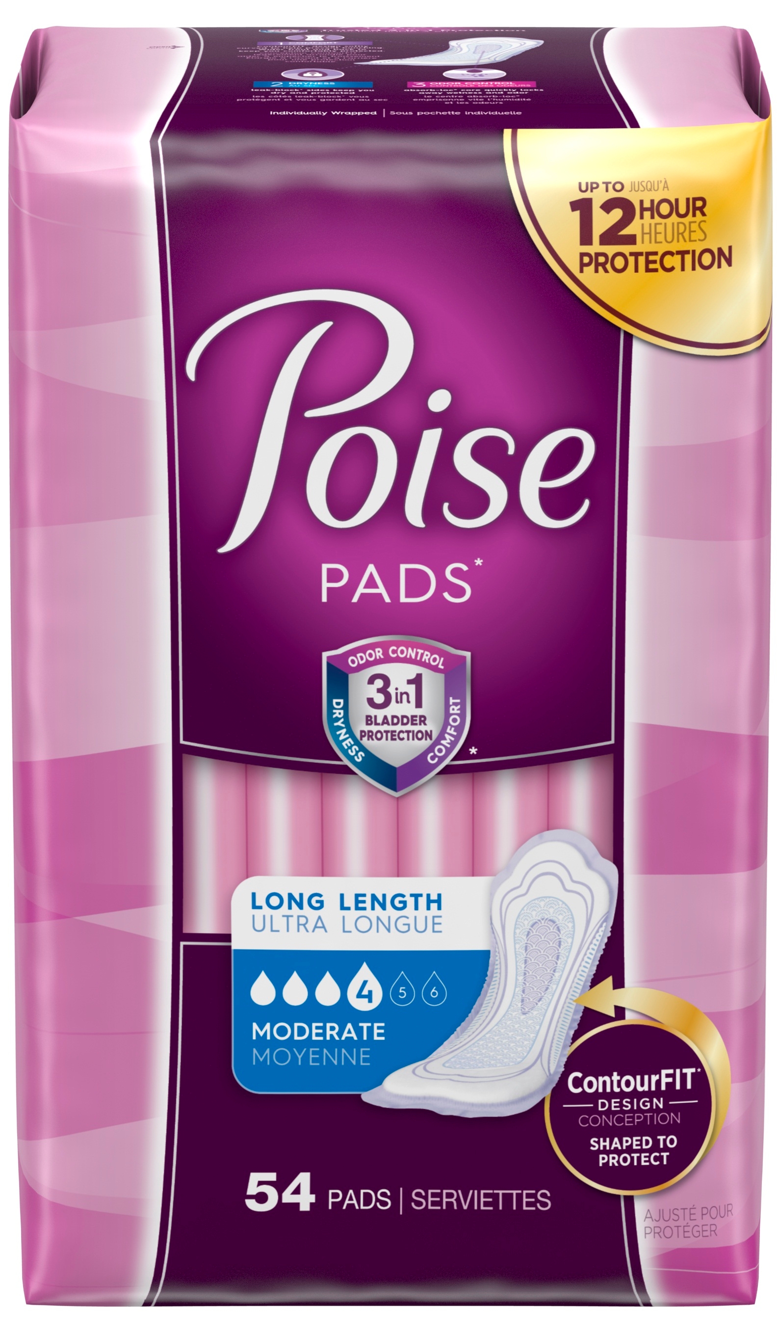 Poise Moderate Long Pads, 54 count per pack -- 2 per case.
