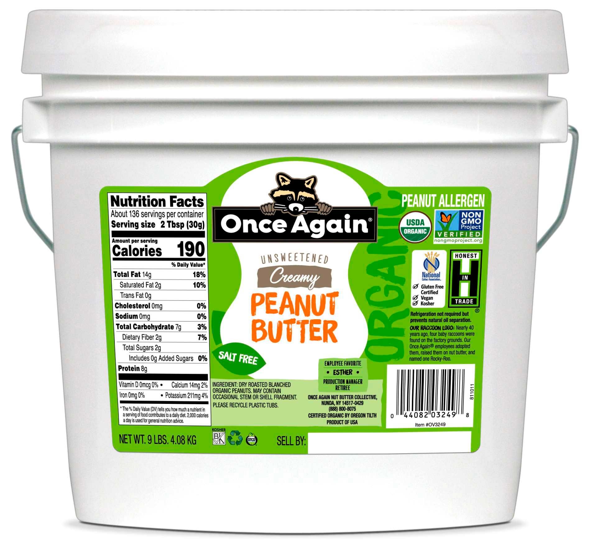 Once Again Organic Creamy No Salt Peanut Butter, 9 Pound