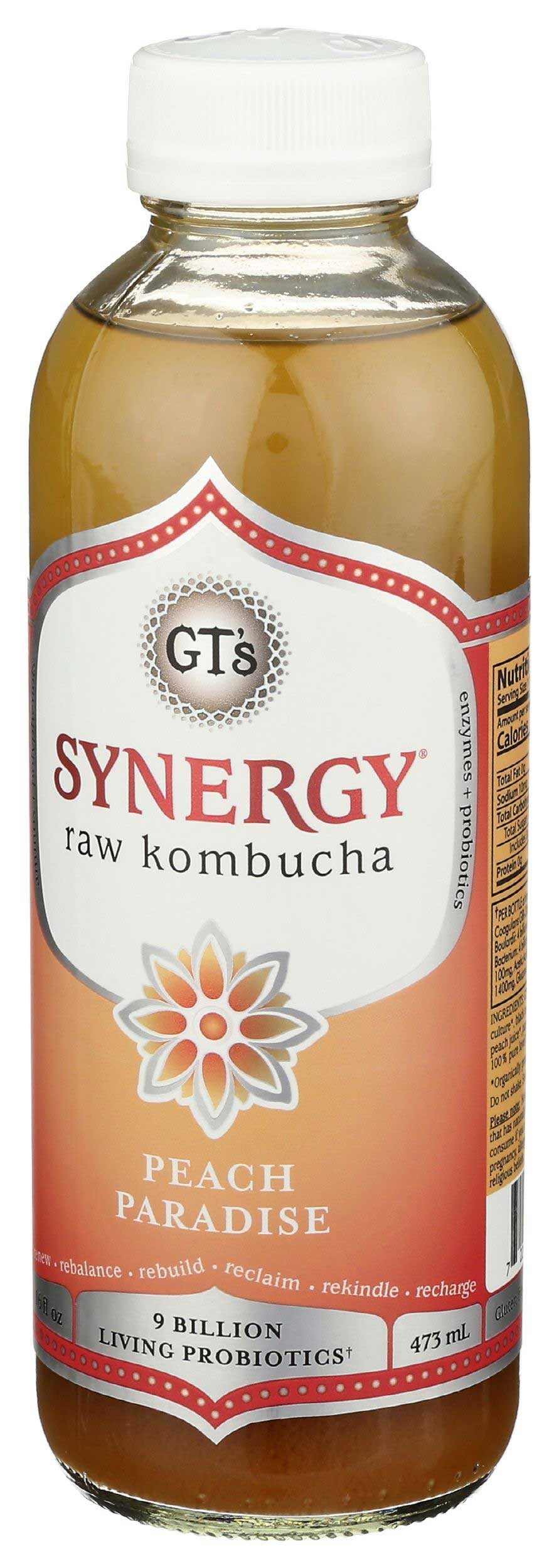 GTs Synergy Organic Peach Paradise Raw Kombucha, 16 Fluid Ounce -- 12 per case