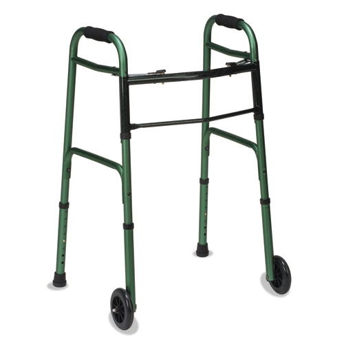 DMI Green/Green Ice Two-Button Release Folding Walker with Wheels, 32 to 38 inch Adjustable Height