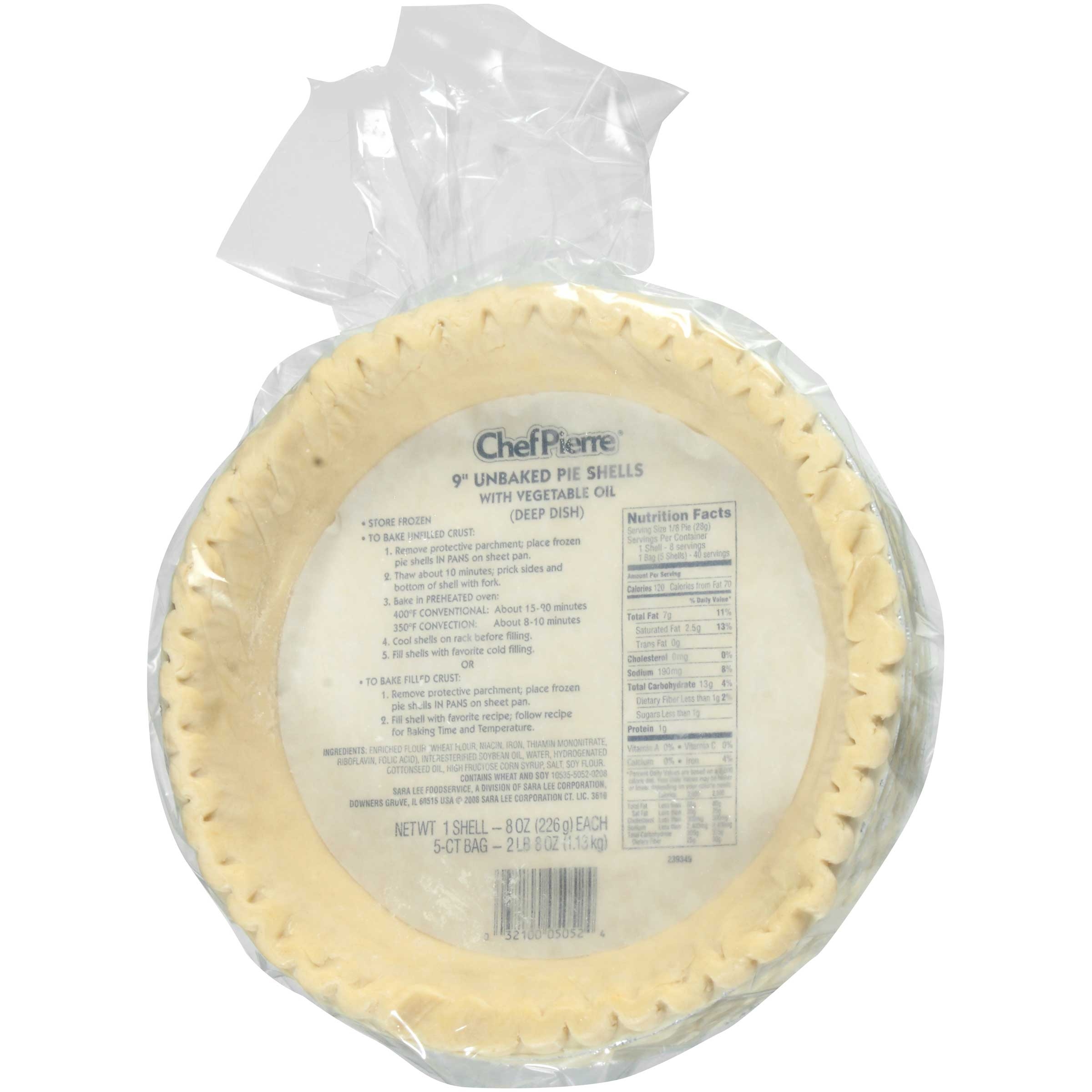 Sara Lee Chef Pierre Unbaked Vegetable Shortening Pie Shell, 9 inch -- 20 per case.