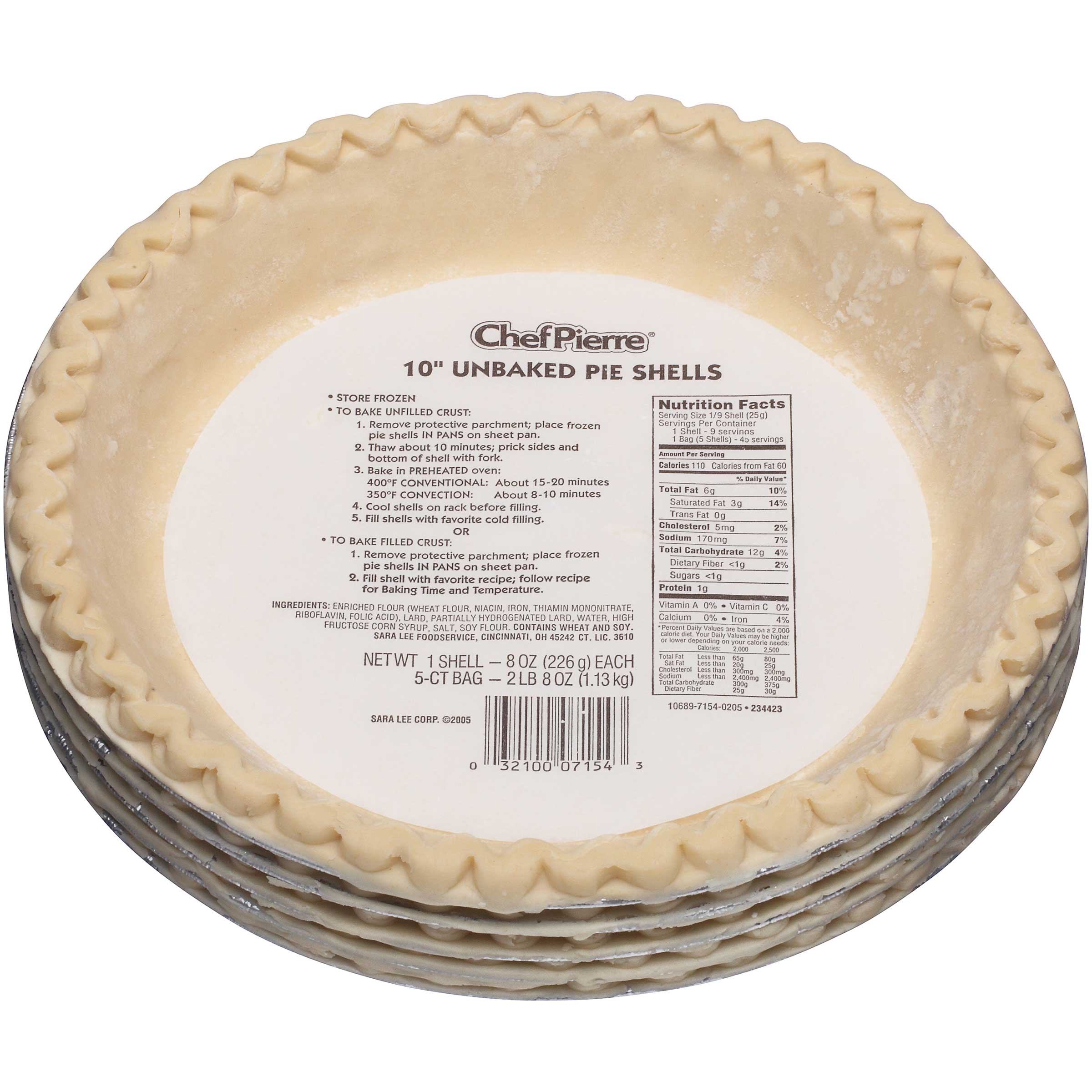 Sara Lee Chef Pierre Unbaked Lard Shortening Pie Shell, 10 inch -- 20 per case.