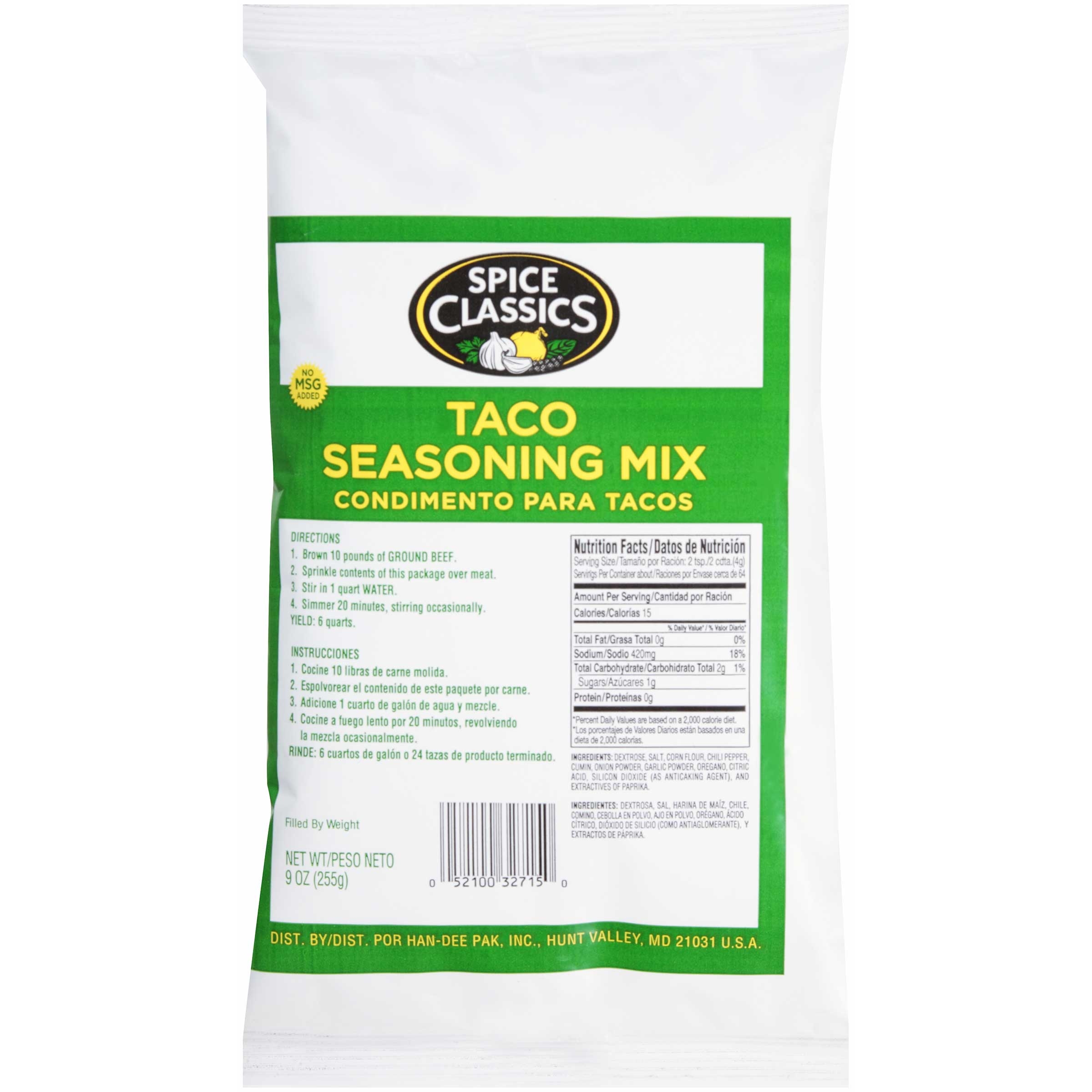 Spice Classics Taco Seasoning - 9 oz. packet, 6 per case