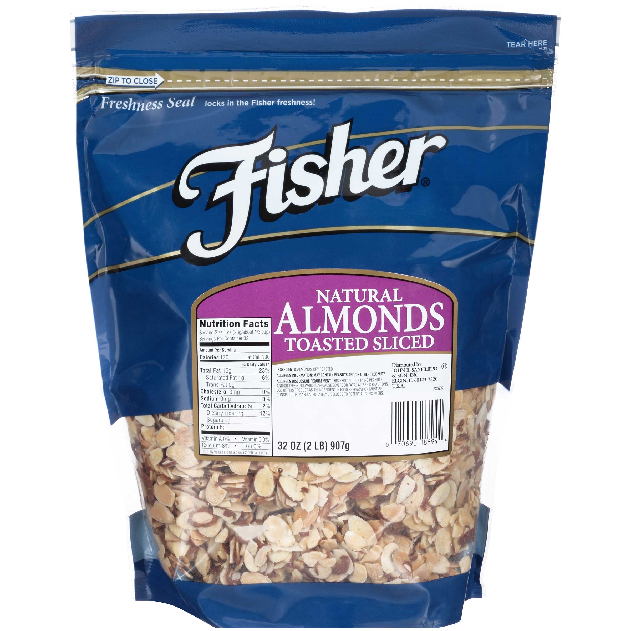Fisher Natural Toasted Sliced Almond, 32 Ounce -- 3 per case.