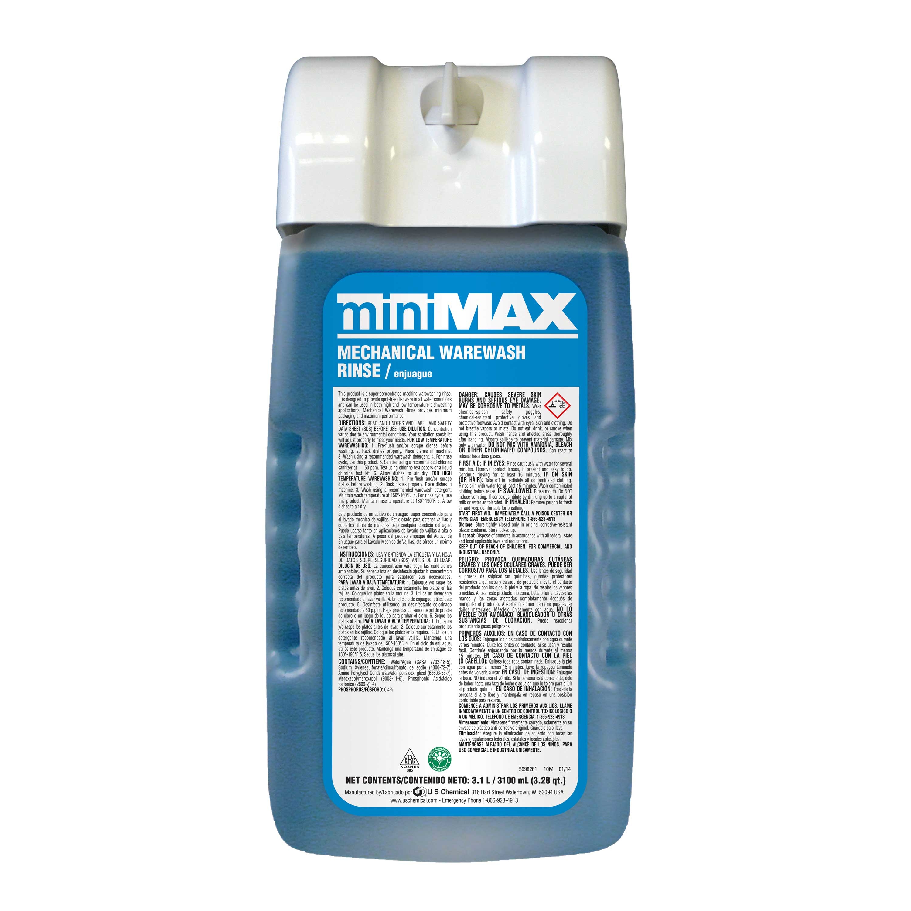 US Chemical MiniMax Mechanical Warewash Rinse, 3100 Milliliter -- 2 per case.