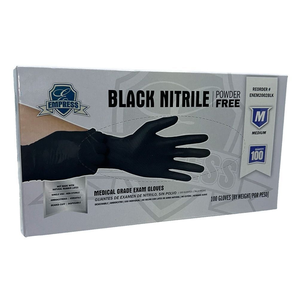 Empress Black Medium Exam Grade Powder Free Nitrile Gloves -- 1000 per case.
