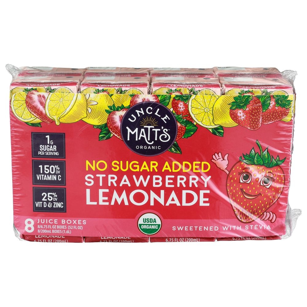 Unclematts Organic No Sugar Added Strawberry Lemonade Juice, 6.75 Fluid Ounce Box -- 32 per case