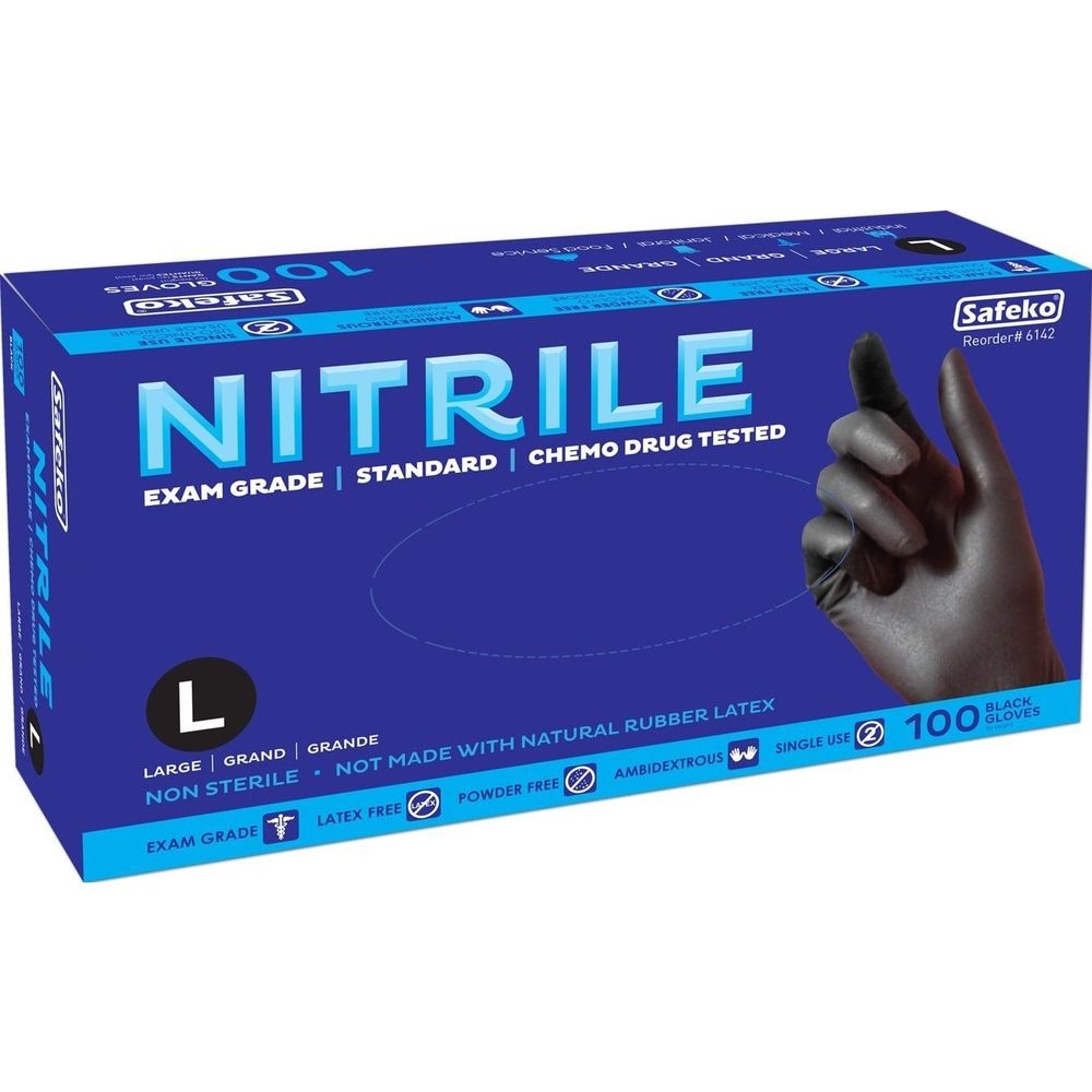Safeko Large Black 4 Mil Powder Free Nitrile Examination Gloves, 100 count -- 10 per case