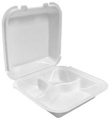Darnel White Expanded Polystyrene Foam 3 Compartment Hinged Container, 9.0 x 9.0 x 3.1 inch -- 200 per case