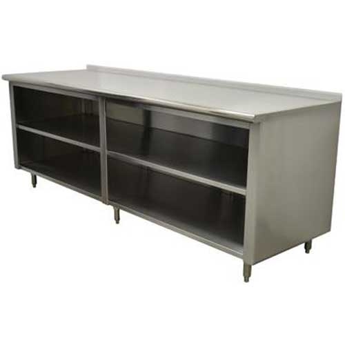 Stainless Steel 1 1/2 inch Backsplash Enclosed Base Work Table - Open Base With Midshelf, 36X144 inch.
