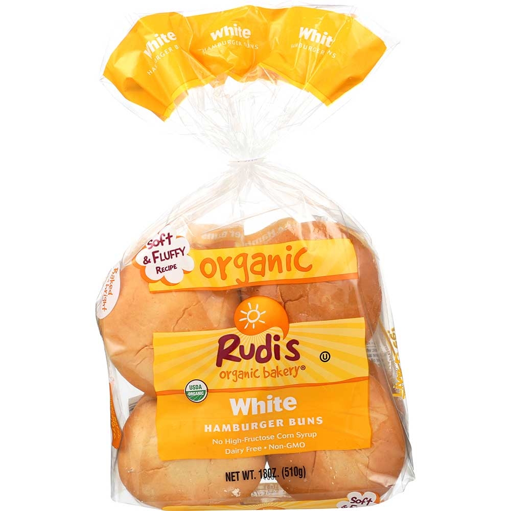 Rudis Organic White Hamburger Bun -- 7 pack per case.