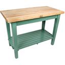 John Boos Cream Finish Basil Green Base Maple Classic Country Work Table with Two Shelves, 36 x 24 x 1.75 inch.