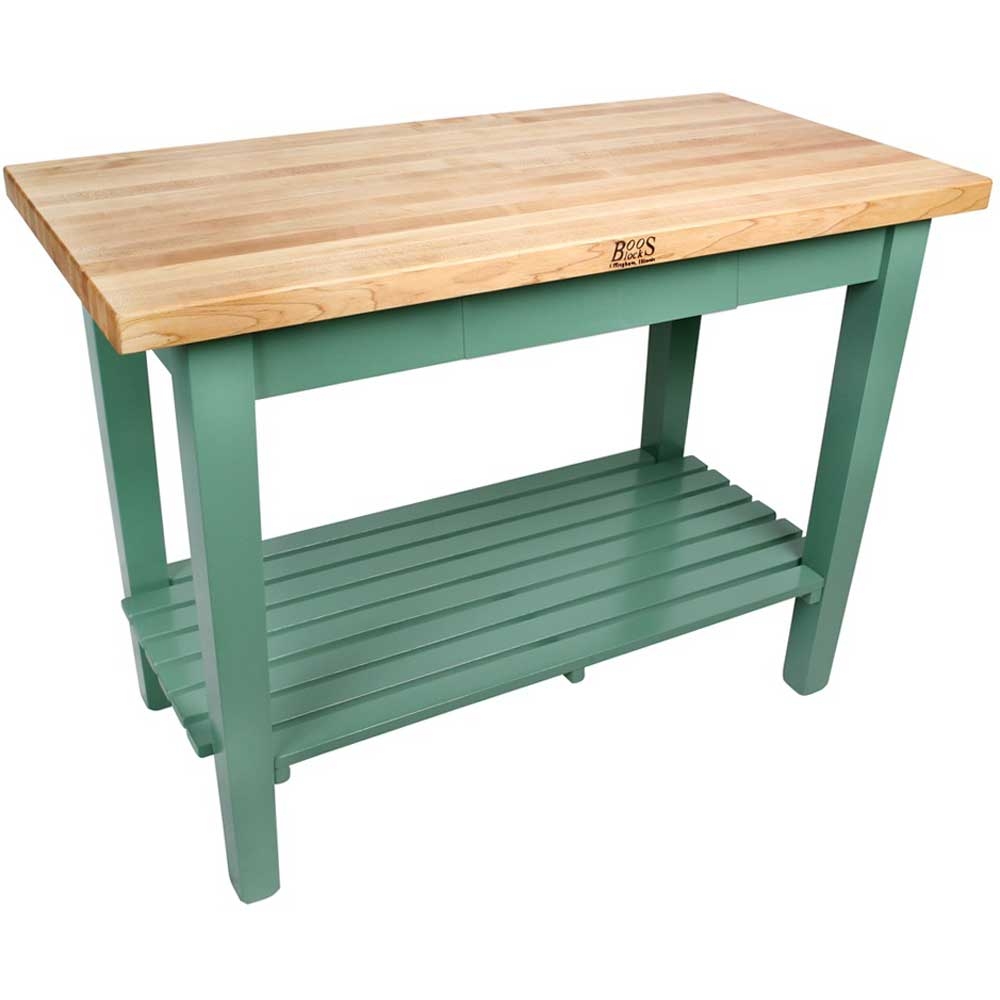 John Boos Cream Finish Basil Green Base Maple Classic Country Work Table with Two Shelves, 36 x 24 x 1.75 inch.