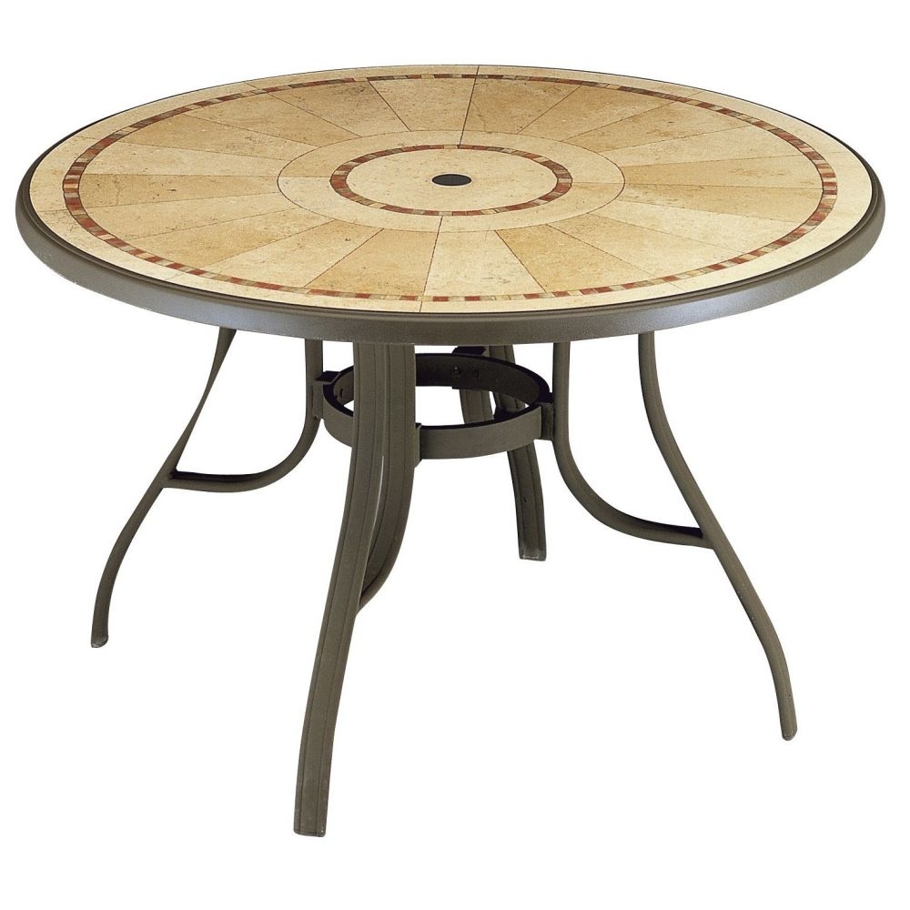 Grosfillex Louisiana Bronze Mist Round Metal Pedestal Table with Umbrella Hole, 48 inch.
