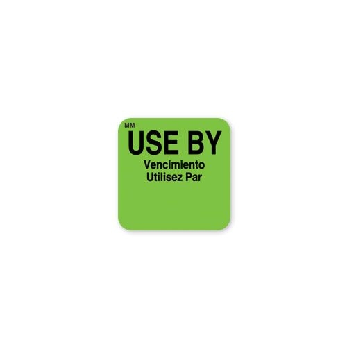 Daymark MoveMark Square Fluorescent Green Use By Food Label, 1 x 1 inch -- 12 rolls per case.