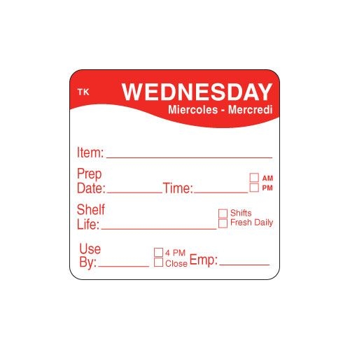 ToughMark Wednesday 2 x 2 inch Day of the Week Labels, 500 count per roll -- 576 rolls per case.