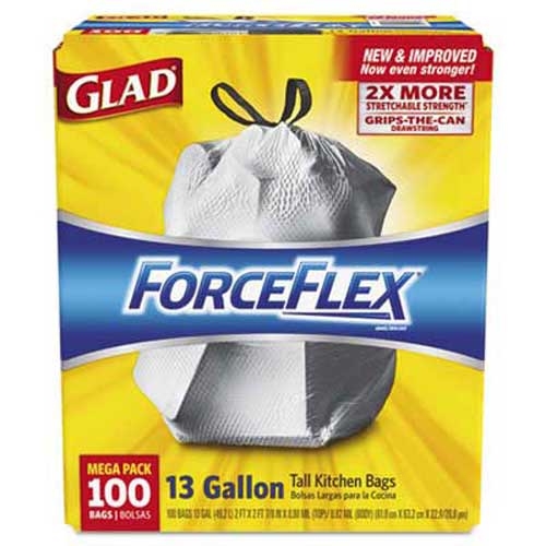 Glad ForceFlex Tall Kitchen Drawstring Bags, 13 gal, .90mil, 24x25 1/8 White 100/Bx