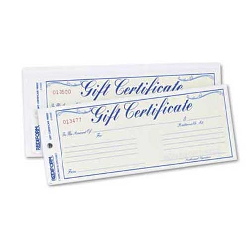 Rediform Gift Certificates w/Envelopes, 8-1/2w x 3-2/3h, Blue/Gold, 25/Pack