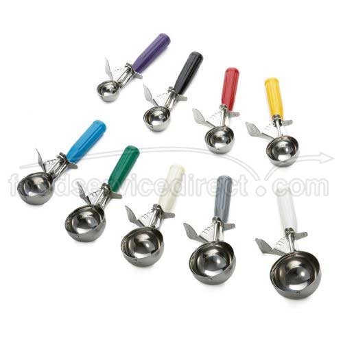 Tablecraft 18/8 Stainless Steel Orchid Size 40 Thumb Press Ice Cream Food Disher with Polyethylene Handle, 7/8 Ounce Capacity