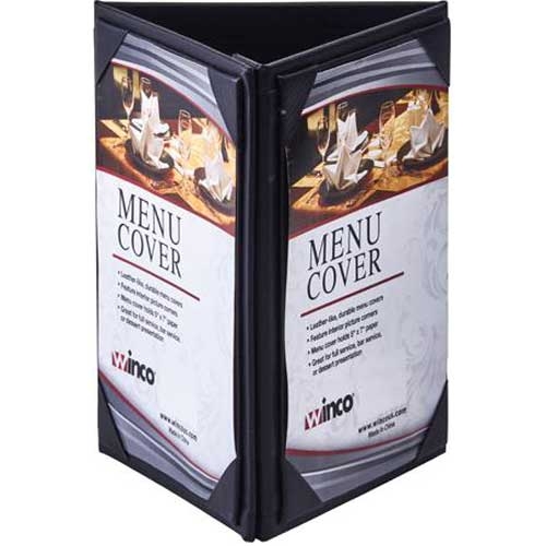 Winco Black Triple Panel Table Tent fits 5 x 7 inch Paper Inserts -- 10 per case.