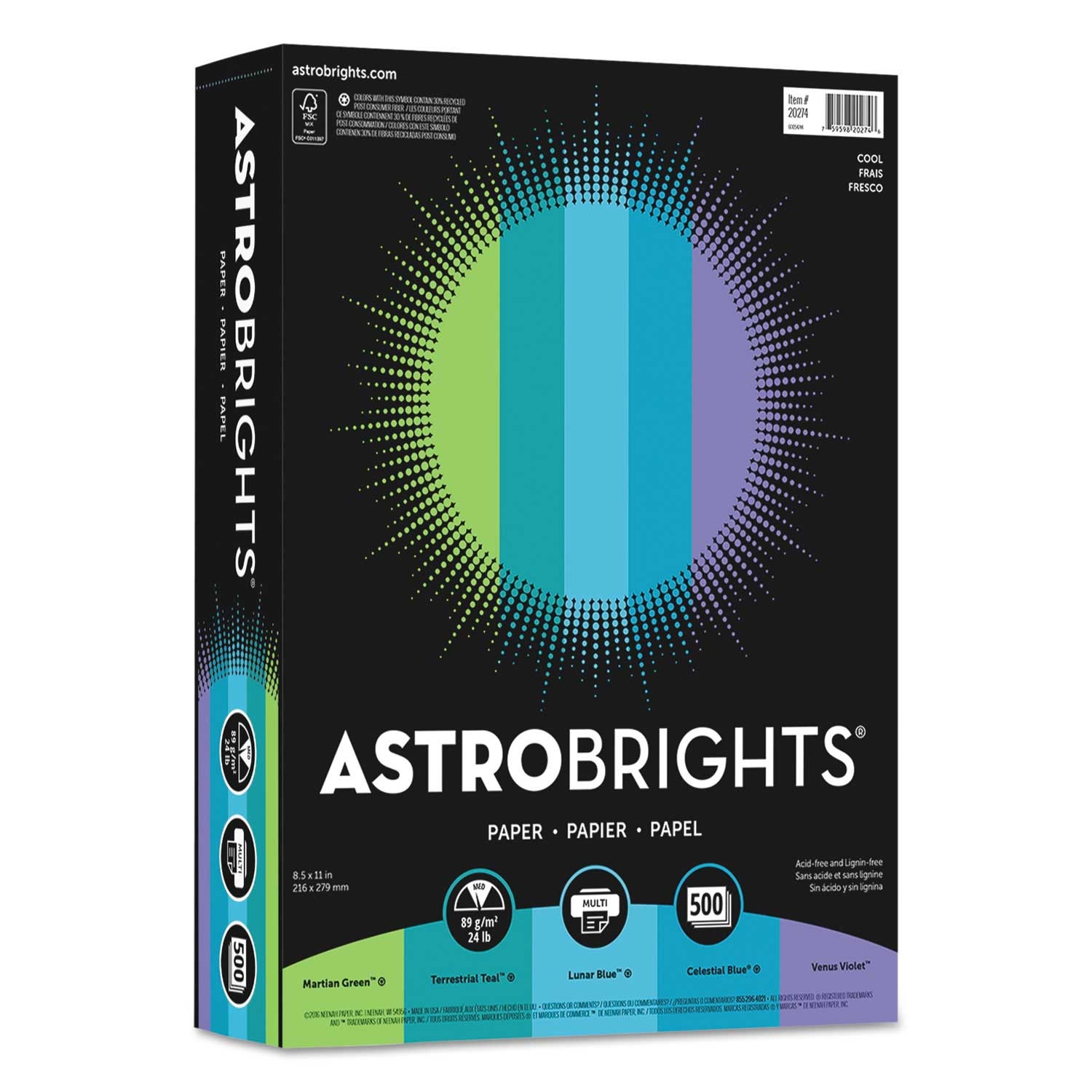 Astrobrights Assorted Cool Color Paper, 8.5 x 11 inch - 500 per reem -- 1 reem per case